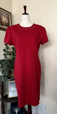 Leslie Fay Vintage Red Dress w Gold Embellished Neckline sz 14 Union Tag - Image 1 of 4