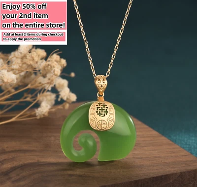 Jade Elephant Pendant Necklace Charm 18K Gold Plated Chain Retro Dainty Gemstone - Image 1 of 4