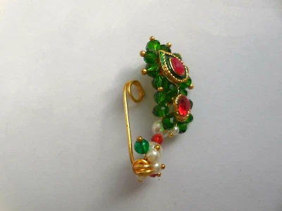 Marathi Nose Stud Ethnic Nath Bridal Non Pierced Nostril Clip Wedding Green Bead - Image 1 of 4