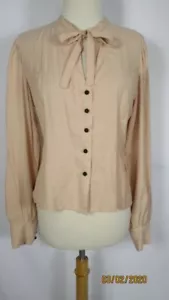 NEW Lost Queen Retro Blouse XL Pinky Beige Brown Covered Buttons Pussy Bow - Picture 1 of 5