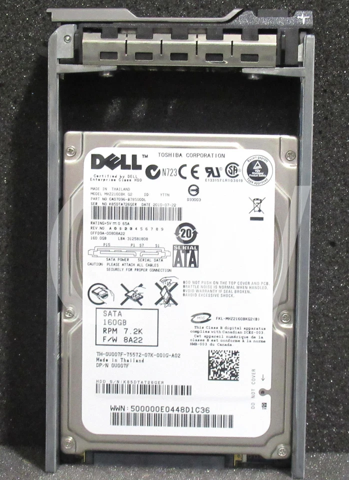 U007F 0U007F Dell 160GB 7.2K 3G 16MB 2.5in SATA Hard Drive - Image 1 of 3