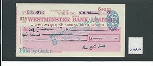 wbc. - CHEQUE - CH65- USED -1950's - WESTMINSTER BANK, WEST WORTHING - Picture 1 of 1