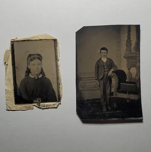Two Antique Tintype Pictures Boy And Girl 2.5" x 3.5"  - Picture 1 of 4
