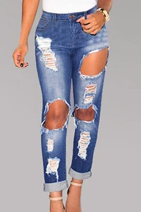 Pantaloni Jeans aperto tagliato strappato rotto Denim Destroyed Skinny Jeans M - Picture 1 of 4