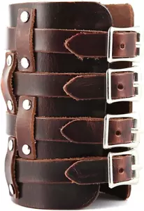 Mens Leather Wide Triple Strap Cuff Wristband Buckle Wrap Gauntlet Brown 4 Rows - Picture 1 of 11