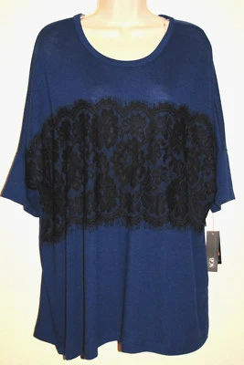 Suéter AGB Para Mujer Talla XL Azul Manga Corta Gran Tamaño con Borde de Encaje Negro Nuevo con Etiquetas Foto 1 de 2