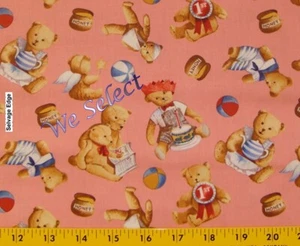 2.5 Yards Teddy Bear Reading Story Tea Time Angle Toss Pink Cotton Fabric - Picture 1 of 3