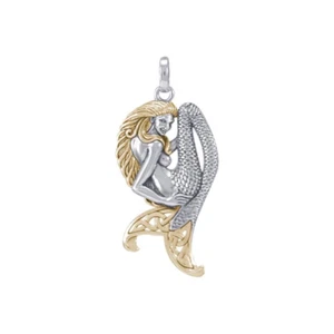 Celtic Sea Mermaid 925 Sterling Silver Pendant Fine Ocean Jewelry Gold Accent - Picture 1 of 2