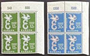 Saarland 1958 Set of 2 Plate Number Blocks MNH OG Sc# 439-440 Europa - Picture 1 of 2