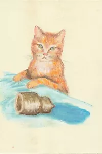 Orange Tabby Cat Arrampicata Over Counter latte versato 6x9 pollici circa 1998 - Foto 1 di 2