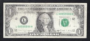 1988-A $1 FRN FEDERAL RESERVE NOTE “BINARY RADAR S/N L00555500H” VERY FINE - Picture 1 of 2