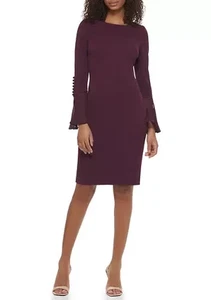 Calvin Klein burgundy sheath midi dress womens 6 chiffon bell Sleeve plum NWT - Picture 1 of 14
