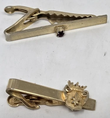 2 Vintage Tie Bar Tie Clip Gold Tone 2.5" Wide Red Jewel Crown Bars Clips - Image 1 of 4