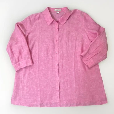 Blusa Coldwater Creek 100 % lino rosa botones delanteros manga 3/4 1X Plus Foto 1 de 4