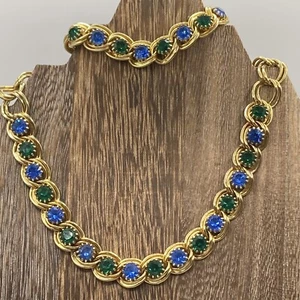 2pc Set Vintage Green And Blue Necklace Bracelet Glass Rhinestone Statement - Picture 1 of 7