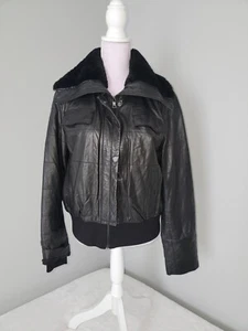 banana republic Genuine Leather Jacket Bomber Shearling Lamb Collar SizeL-xl - Picture 1 of 19