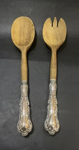 Birks Pompadour Sterling Silver Handle and Wood Salad Fork and Spoon Set Cover