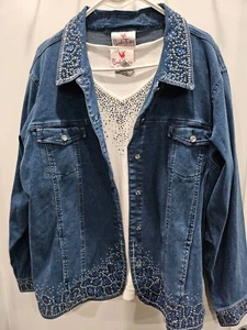 Quacker Factory Bedazzled Rhinestones Blue Denim Jacket w/Matching Top Size XL - Picture 1 of 19