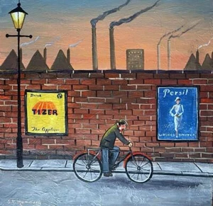 Cycling Home : Northern Art Oil Painting by Reg Mummery 12" X 12" - Picture 1 of 3