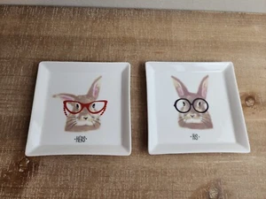  EASTER BUNNY WEARING GLASSES HIS & HERS SQUARE PLATES Grace's Pantry Trays - Picture 1 of 11