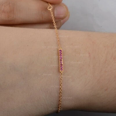 12 MM Bar Natural Ruby Gemstone Link Chain Bracelet Solid 14K Yellow Gold Fine - Image 1 of 4