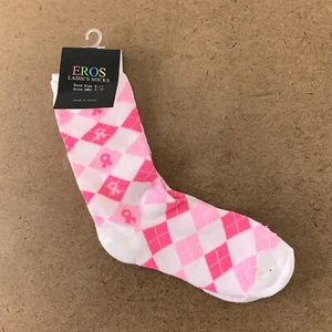 EROS Women's Shoe Size 4-10 Pink Ribbon Argyle Crew Socks 1 Pair NWT - Picture 1 of 4
