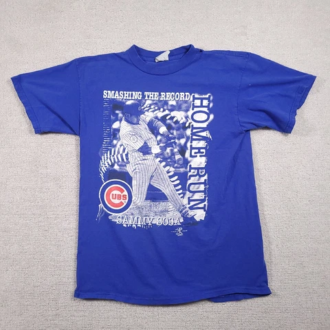 Vintage 1998 Sammy Sosa Shirt Smashing The Home Run Record Blue FLAWS Cover