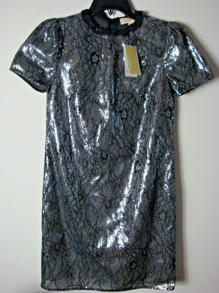 Michael Kors Sz S Small Silver Sequined Lace Shift Dress Prom Short Sleeve