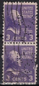 Perfins USA 1938, Sc807 2x 3c Thomas Jefferson. Used RSC - Picture 1 of 3