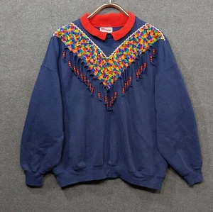 Vintage Handmade Grandma Sweatshirt Womens XL Grandmacore Rainbow Beaded Fringe - Picture 1 of 10