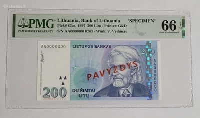 Lithuania 200 Litu 1997 Specimen PMG 66 EPQ Gem Uncirculated Vydunas Lighthouse - Image 1 of 2
