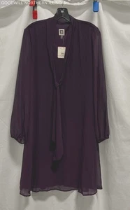 Anne Klein NEW Eggplant Purple Chiffon Long Sleeve Tie Neck Shift Dress Sz 10 - Picture 1 of 4
