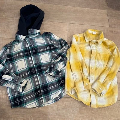 GAP & OLD ТЕМНО-МАЛЬЧИКОВ XS РАЗМЕР 5 ЗЕЛЕНЫЙ И ЖЕЛТЫЙ КЛЕТКУ ФЛАНЕЛЕВЫЕ РУБАШКИ - Изображение 1 из 4
