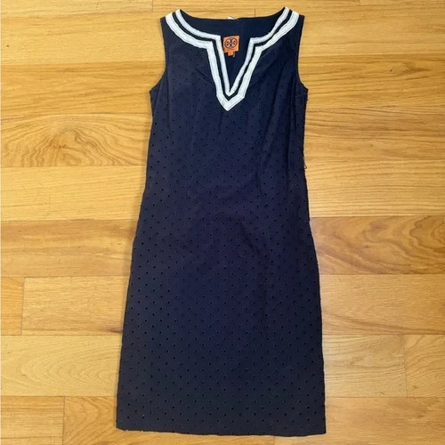 Abito smanicato blu navy Tory Burch occhiello cerniera laterale data notte o lavoro