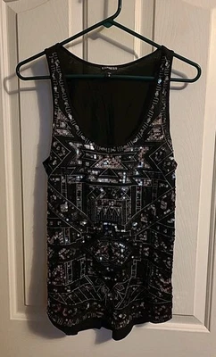 Camiseta sin mangas EXPRESS negra lentejuelas cuello redondo mezcla de algodón mujer talla mediana Foto 1 de 4