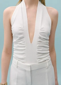 Victoria Beckham x Mango white ruched draped fine knit bodysuit BNWT sz. L - Picture 1 of 4