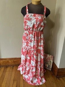 Social Standard Midi Dress Smock Back Coral Floral Tie Shoulder Size L - Picture 1 of 8