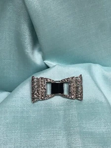 Vintage Faux Silver Tone Marcasite Ribbon Bow with Black Enamel Center - Picture 1 of 4