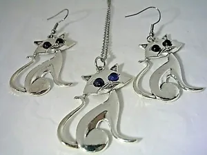  CAT EARRINGS & PENDANT WITH SAPPHIRE CABOCHON STONE EYES IN STAINLESS STEEL   - Picture 1 of 11
