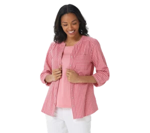 Denim & Co. Stretch Seersucker Top & Tank Set Striped Flamingo Pink Choose Size - Picture 1 of 2