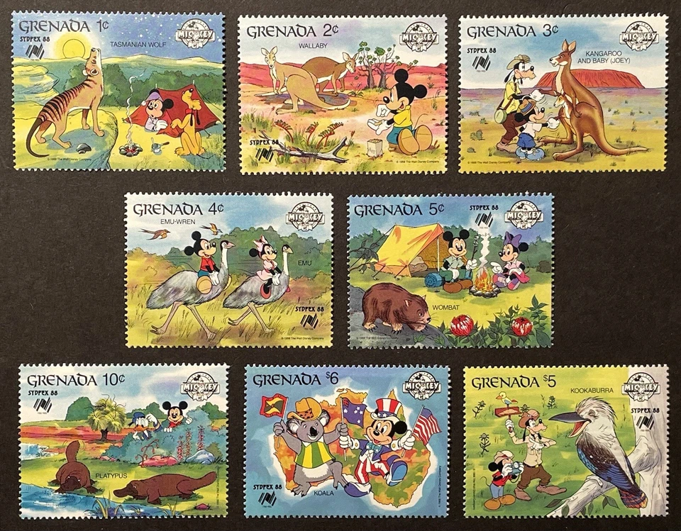 SELLOS DE GRANADA AUSTRALIA VIDA SILVESTRE SYDPEX DISNEY 1988 MNH WALLABY WOMBAT KOALA 1 Foto 1 de 1