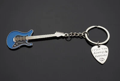 Blue Guitar & Pick Keychain I Pick You Always & Forever Hearts Love Music Gift - Image 1 of 4