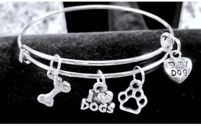 Brazalete expandible I Love dogs/I ❤ my Dog/Paw/hueso/4 dijes de plata Foto 1 de 4