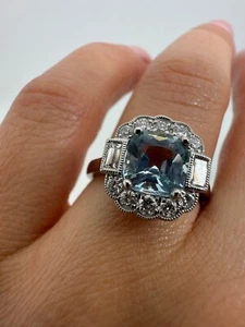 PLATINUM CUSHION CUT AQUAMARINE AND DIAMONDS COCKTAIL HALO RING 1.79CT ID74 - Picture 1 of 22