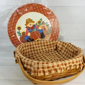 Fall Pumpkin Thanksgiving Harvest 12" Round Wicker Basket Wood Lid & Plain Liner - Picture 1 of 11