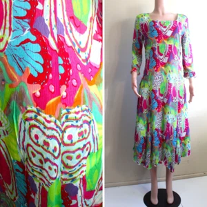 UBU Midi Dress M Fit Flare Rainbow Psychedelia 3/4 Sleeve High Waist Boho Hippy - Picture 1 of 9