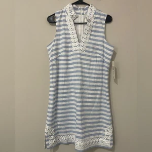 Eliza J Womens Dress Sz 8 Blue and White Striped Sleeveless Linen Above the Knee - Picture 1 of 10