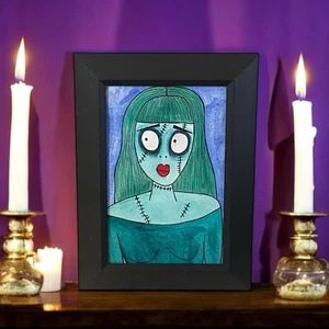 Stitches Zombie Girl Horror Halloween Original Ooak Art Framed Painting Gothic - Picture 1 of 3