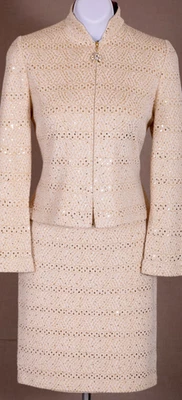 ST.JOHN Women's Knit Cream Metallic Gold Sequins Throughout Jacket Skirt Sz 2-4 - Image 1 of 4