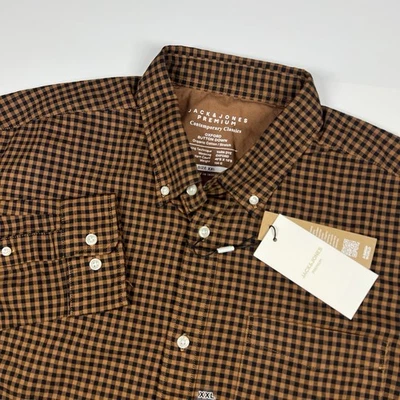 Camisa Oxford Jack & Jones manga longa com botões marrom preta xadrez masculina 2XL - Imagem 1 de 4